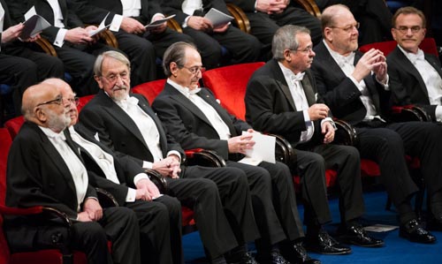 From left: Physics Laureates FranÃ§ois Englert and Peter Higgs, Chemistry Laureates Martin Karplus, Michael Levitt and Arieh Warshel and Medicne Laureates James E. Rothman, Randy W. Schekman and Thomas C. SÃ¼dhof